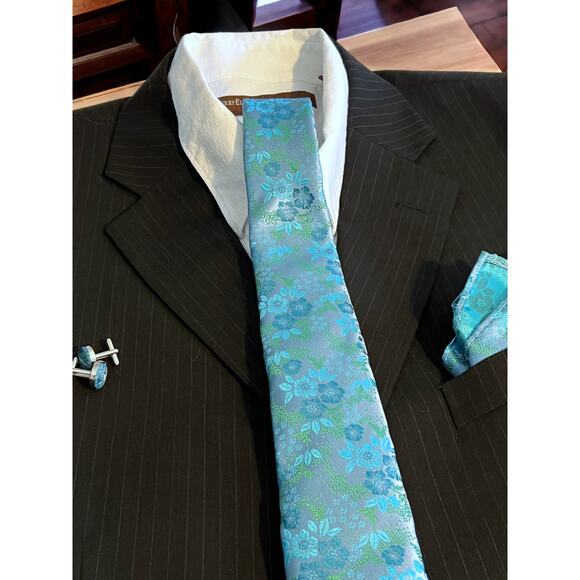B&TOM Other - Men’s 3 Piece Tie Set Teal Cyan Tie Pocket Square Cufflinks